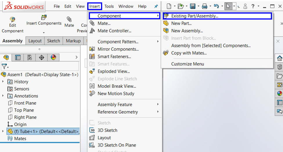 نحوه انتخاب دستور insert component برای وارد کردن قطعه به محیط اسمبلی نرم افزار solidworks 2020